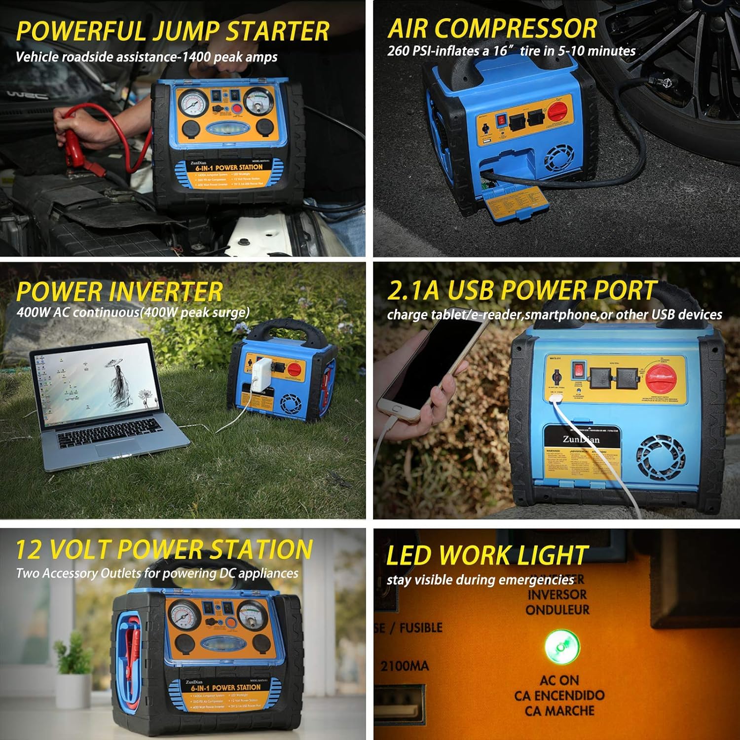 ZunDian Power Station 1400 Amp Battery Jump Starter with Air Compressor Car Tire Inflator, 110V 400W Power Inverter USB DC AC Outlet
