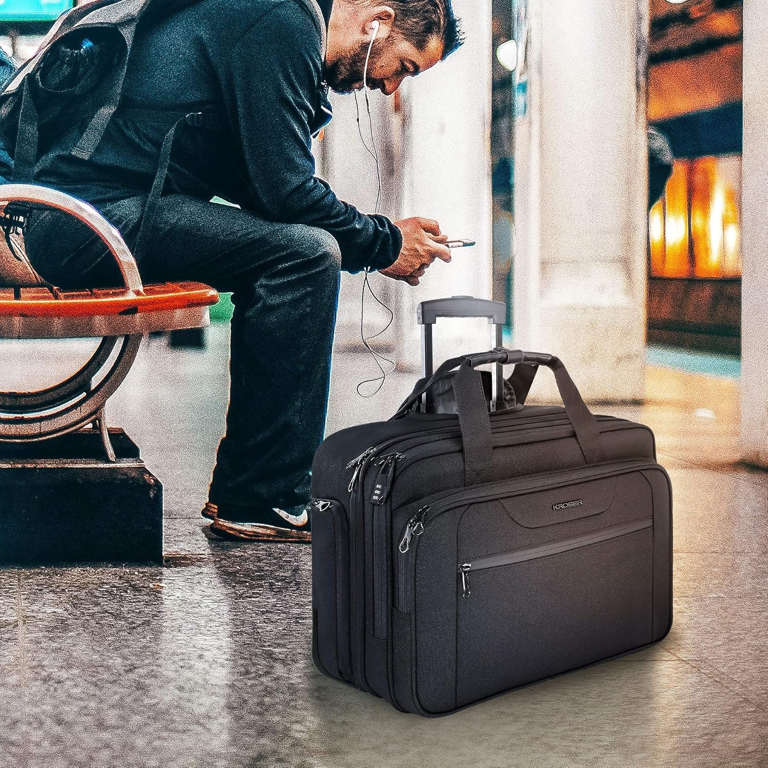 KROSER Rolling Laptop Bag Premium Wheeled Briefcase Fits Up to 17.3 Inch Laptop Water-Proof Overnight Roller Case Computer Bag with RFID Pockets for