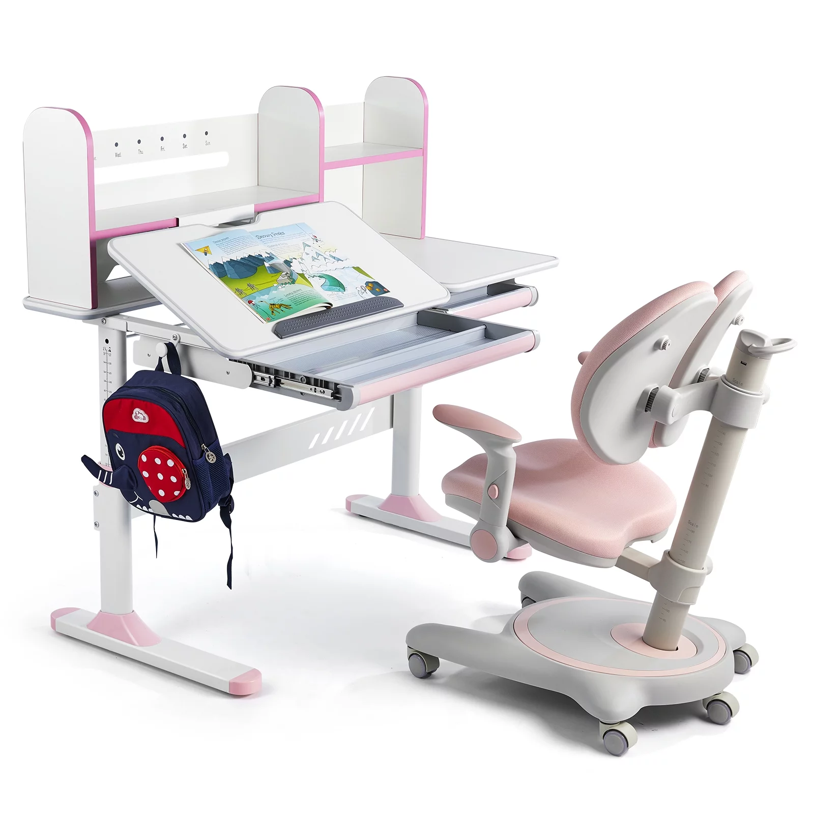 COSVALVE Adjustable Kids Desk and Chair Set with Hutch, Multifunction Ergonomic Study Table Chair with 2 Storage Drawers, Tilt Desktop