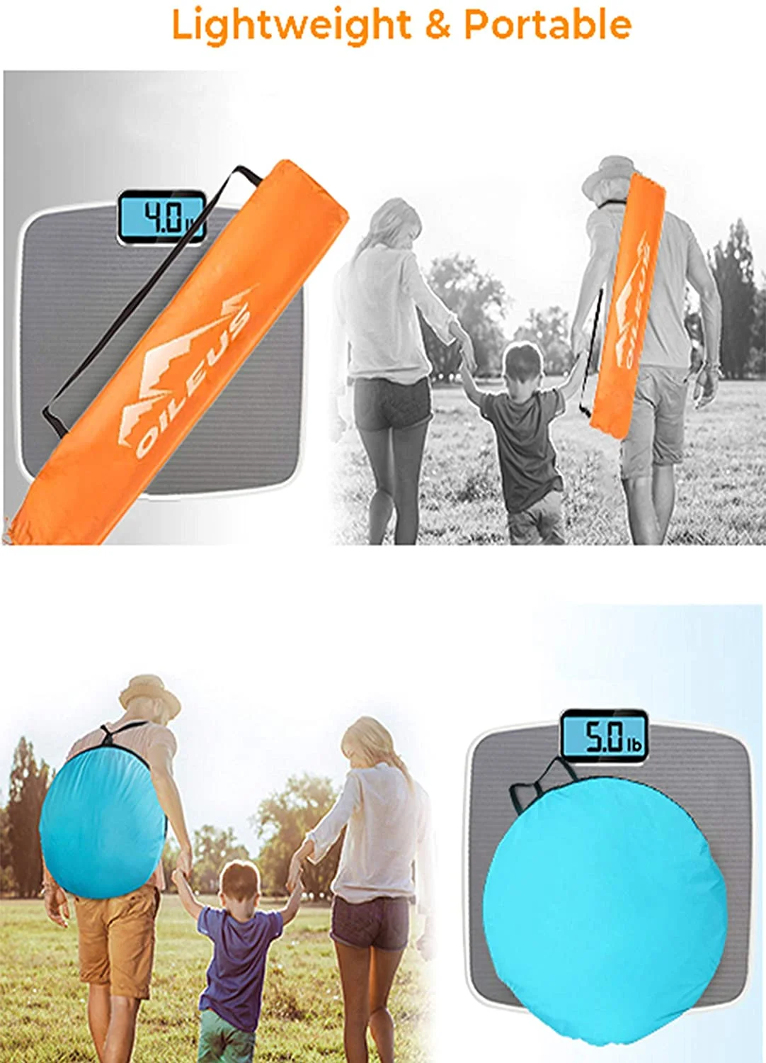 Oileus Beach Tent Sun Shelter X-Large 4 Person Tent, Portable Sun Shade, Pop Up Tents for Beach with Carry Bag, Stakes, 6 Sand Pockets