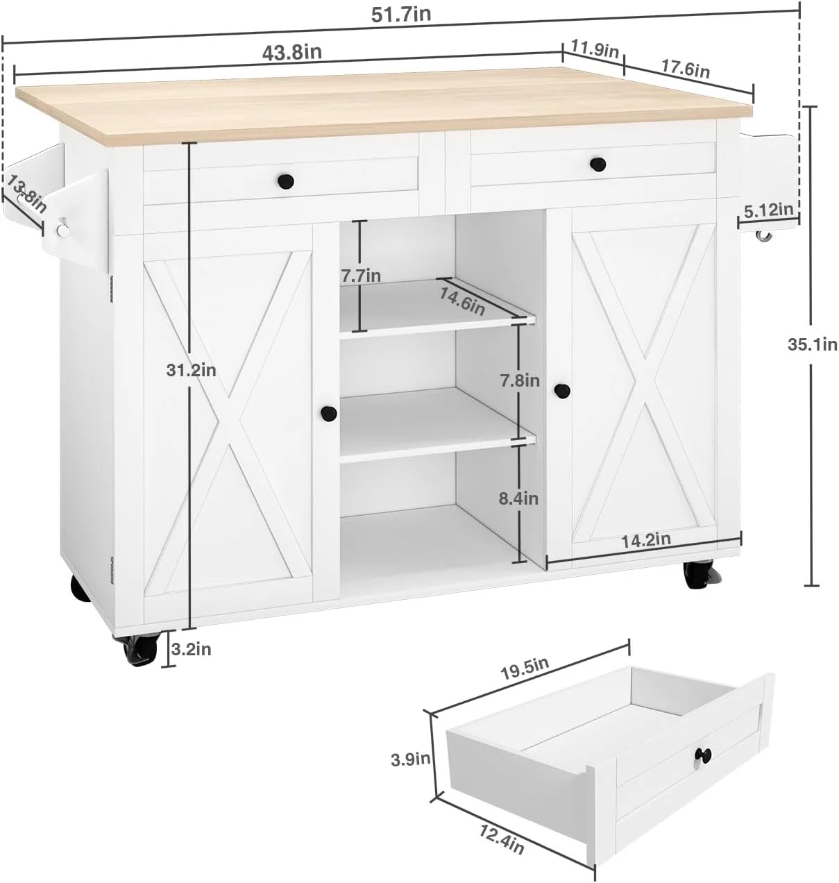 HLR Kitchen Island on Wheels, Kitchen Island with Storage&Drop Leaf, Island Table for Kitchen，White