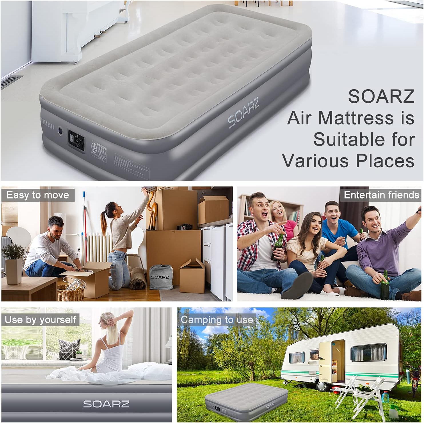 SOARZ Air Mattress Queen with Built-in Pump, Upgraded Double High Luxury Flocked Top Airbed for Home Camping Travel and Indoor Use
