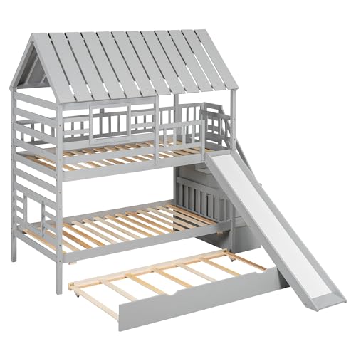 Kids Twin Over Twin Bunk Beds with Slide and Trundle, Solid Wood Bunk Bed Frame with Stairs and Storage