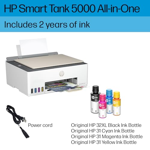 HP Smart-Tank 5000 Wireless All-in-One Ink-Tank Printer with up to 2 years of ink included, mobile print, scan, copy, white, 17.11 x 14.23 x 6.19