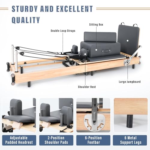 Extended Pilates Reformer, Foldable Wood Pilates Machine with Sitting Box, Jump Board and Anti-Slip Mat for Strength, Rehab & Flexibility
