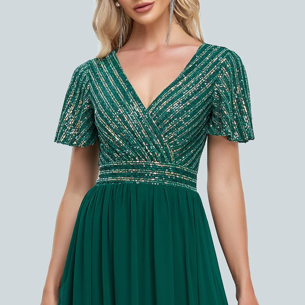 2023 New Women Green Evening Dresses Elegant V-Neck Sequins Chiffon Formal Gown Robe Vestidos De fiesta Dress For Wedding Party