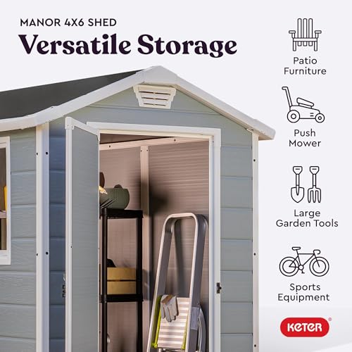 Keter Manor 4x6 Resin Outdoor Storage Shed Kit-Perfect to Store Patio Furniture, Garden Tools Bike Accessories, Beach Chairs and Lawn Mower