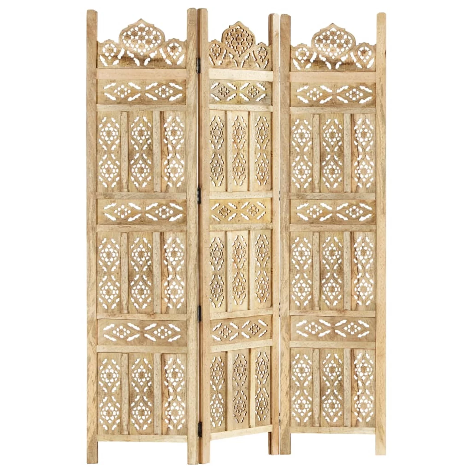moobody Hand Carved 3-Panel Room Divider Freestanding Room Partition Panel Folding Screen Mango Wood for Bedroom, Bathroom, Living Room, Dining Room