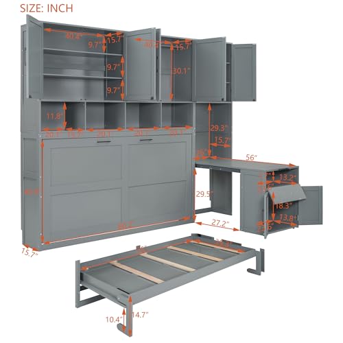 Twin Murphy Bed with Storage Cabinet, Bookcase, Storage Drawers and Desk, Wooden Wall Bed Frame Folding Bed Frame for Guestroom, Office, Apartment