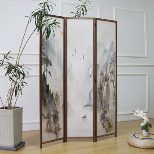 6 Panel Room Divider Screen,Double Faced Room Divider Folding Wall Divider for Room Separation,Mountains and Waters Landscape,67" H x 94.5" W