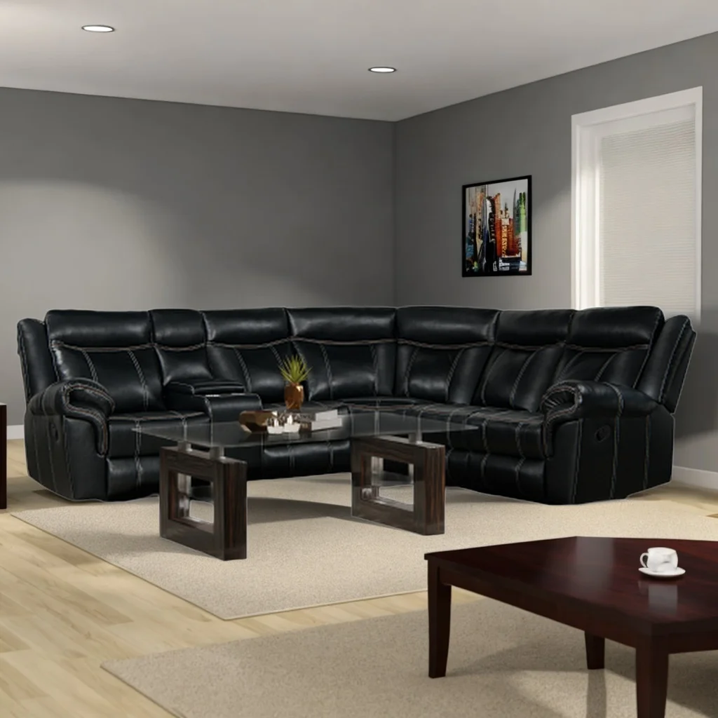 Home Theater Seating Manual Recliner Sofas with Cup Holder, Hide-Away Storage, 2 USB Ports and 2 Power Sockets for Living Room, Home Theater (Black)