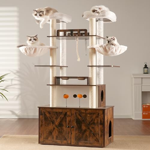 Heybly Cat Tree for Maine Coon with Litter Box Enclosure, 72-inch Wooden Cat Tower for Indoor Cats Large Adult, Big Condo with Food Station, Baskets