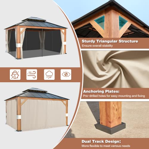EROMMY 12'x20' Hardtop Gazebo Double Roof Galvanized Steel Canopy Outdoor Aluminum Frame Permanent Metal Pavilion with Netting and Curtains for Patio