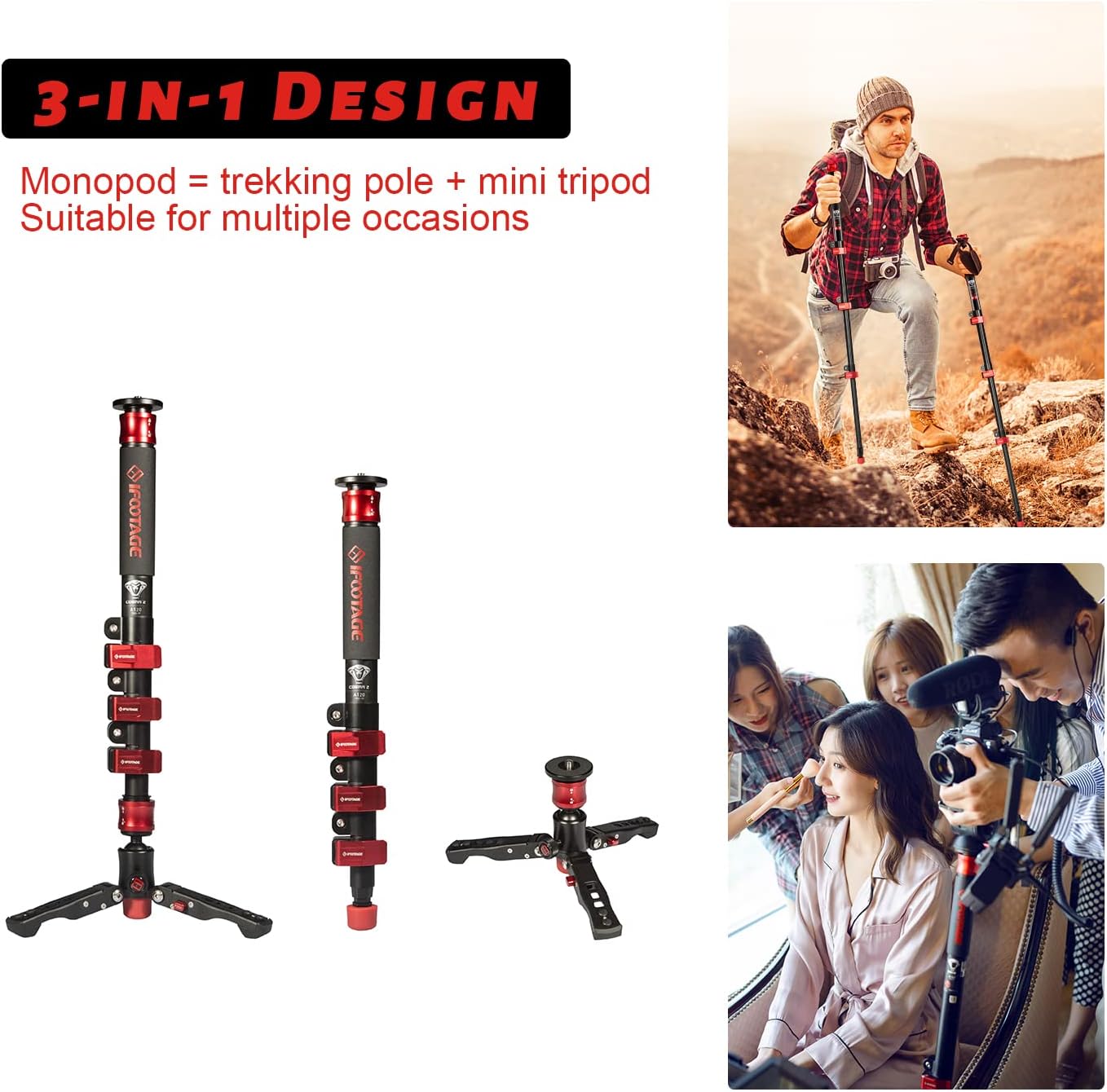 IFOOTAGE Cobra 2 3-in-1 Camera Monopod, Telescopic Video Monopod,71 Professional Photography Tripod Monopod