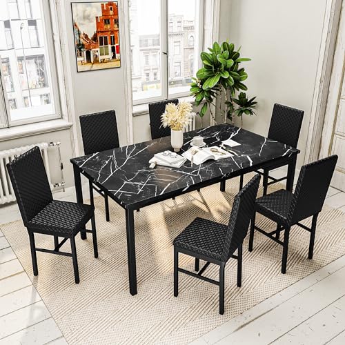 Recaceik Dining Table Set for 6, Faux Marble 7 Piece Dining Table Set with Chairs