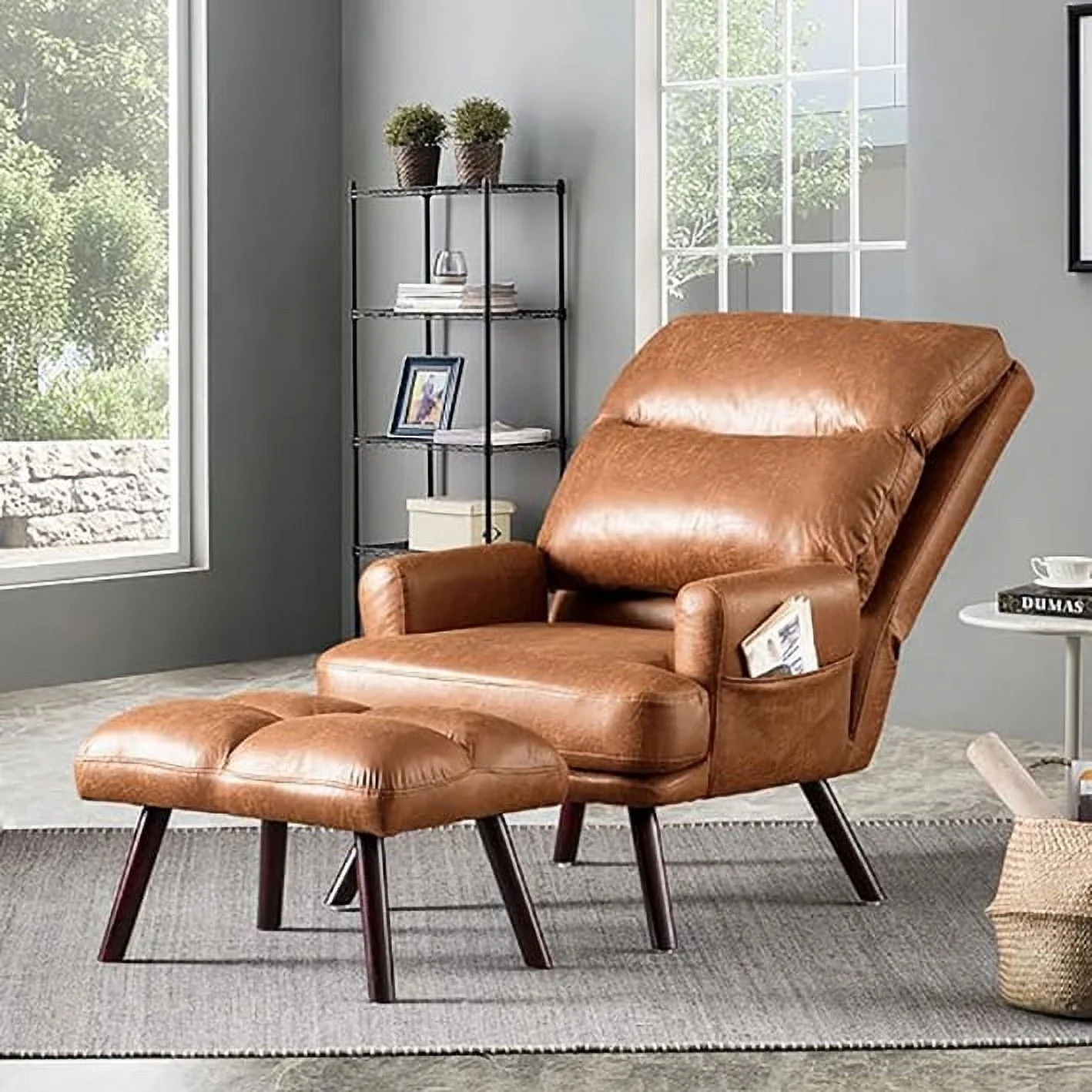HOOOWOOO Accent Chair with Ottoman Set,Wood Leg Adjustable Lounge Chair and Ottoman with Side Bags(Faux Suede Fabric,Light Brown)