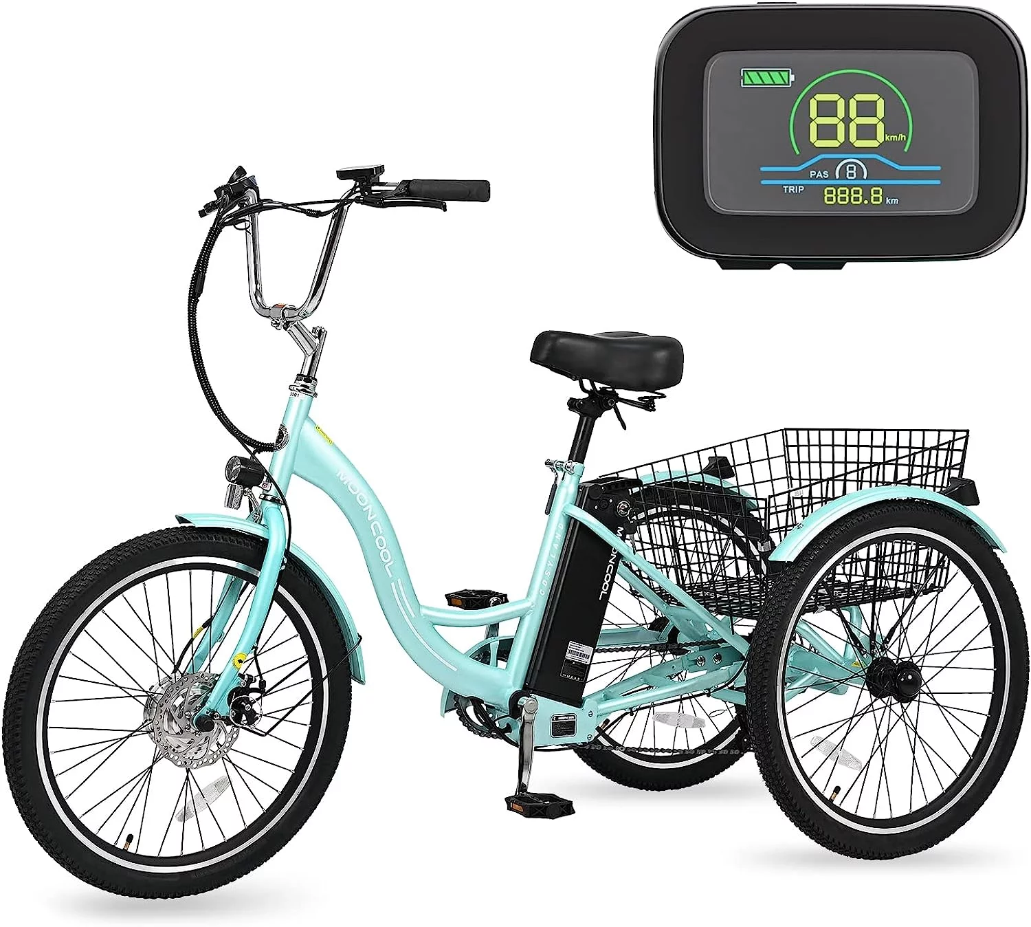 MOONCOOL 350W Motorized Electric Trike, 7 Speed 3 Wheel Electric Bicycle with 36V 14.5Ah Lithium Battery UL Certified
