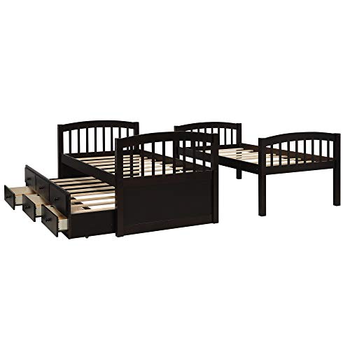 Harper & Bright Designs Twin Over Twin Bunk Bed with Storage Drawers, Solid Wood Bunk Bed Frame with Trundle, for Kids, Teens, Adults (Espresso)