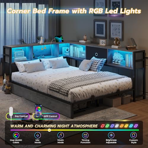 DICTAC Corner Full Bed Frame with Bookcase Storage and Led Lights Full Size Metal Platform Bed Frame with Storage Drawers & Charging Station Full