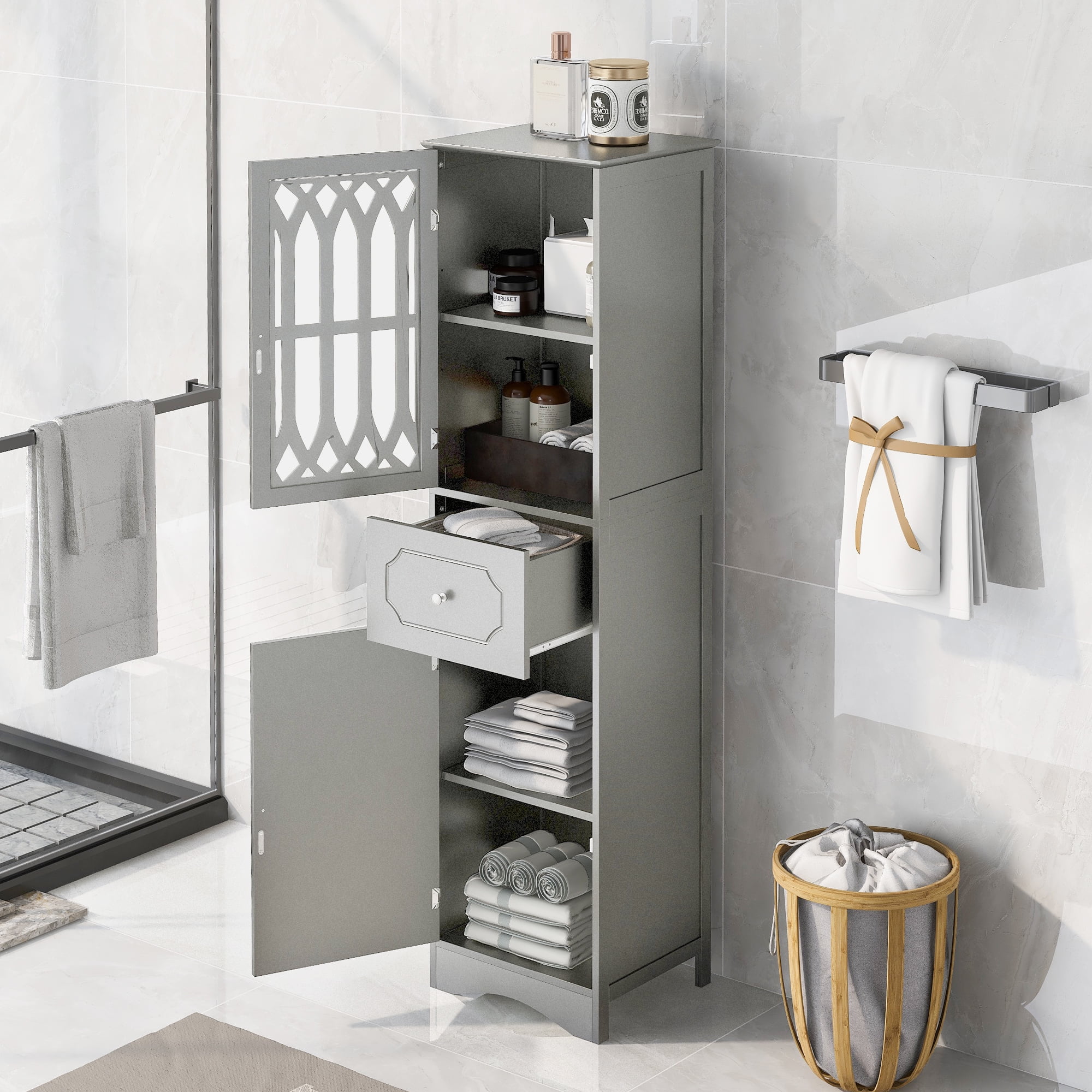 Modern Tall Bathroom Storage Cabinet with Doors Drawers, Wood Floor Freestanding Organizer for Bedroom Living Room