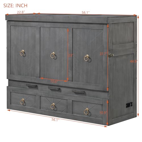 Harper & Bright Designs Full Size Murphy Bed Wall Bed, Solid Pine Murphy Bed Chest Cube Cabinet Bed with USB