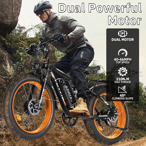 TUTTIO Electric-Bike for Adults-Men, Dual-Motor-Ebike 40-46MPH-Hunting-Ebike, 52V 30AH Long Range Dirtbike, 26" Fat-Tire-Electric-Bicycle