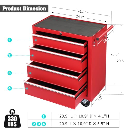 Winado 4-Drawer Tool Chest with Wheels & Lock & Key, Heavy Duty Cart Rolling Tool Box on Wheels, Metal Storage Cabinet