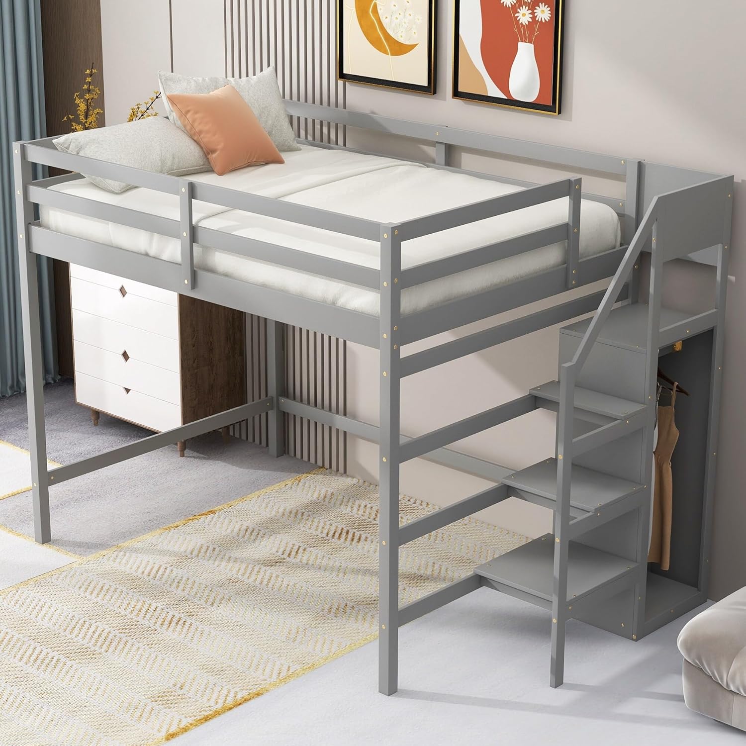 Gray Full Size Multi-Functional Wooden Loft Bed with Built-in Storage Wardrobe and Staircase Guardrails No Box Spring Required Grey Mission Craftsman