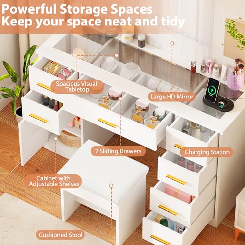 ANWBROAD Large Vanity Desk with Lighted Mirror White Makeup Vanity Set with Glass Top & Power Outlet & 7 Drawers Storage 3 Color Lighting Modes