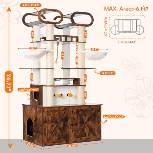 Heybly Cat Tree with Litter Box Enclosure, 76.8-inch Wooden mainecoons Cat Tower with Food Station,Extra Large Platforms