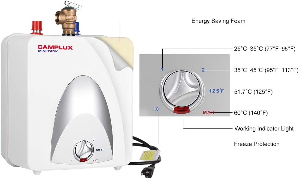 Camplux Electric Water Heater 1.3 Gallon, Hot Water Heater with 43.3'' Cord Plug