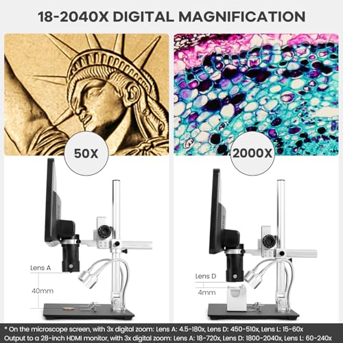 Andonstar AD249S-M 10.1 Inch HDMI Digital Microscope 2000x for Adults, 3 Lens 2160P UHD Video Record, Soldering Microscope for Electronics Repair