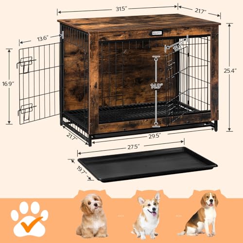HOOBRO Dog Crate Furniture, 38.6" Large Dog Kennel Indoor, Wooden Cage with Pull-Out Tray