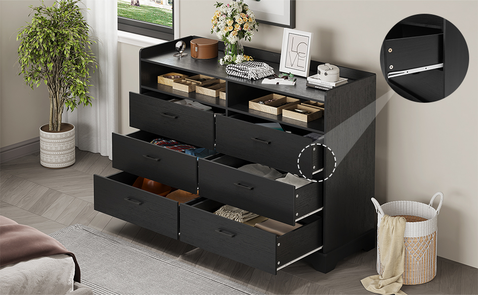 Classic 6 Drawer Dresser,Wood Finish,Modern Farmhouse Storage Tower Chests of Drawers and Open Cubby,for Bedroom,Living Room,Black