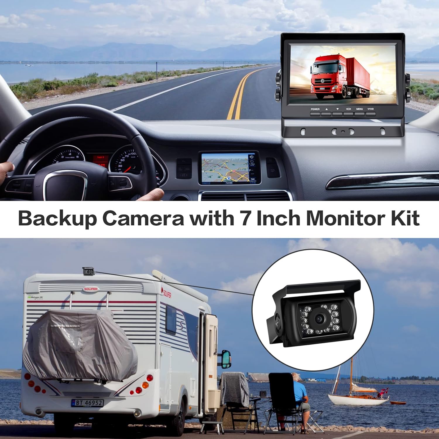 CDSPY RV Backup Camera HD with 7 Inch Monitor Kit 18 IR LED Rear View Camera Super Night Vision Reverse Wired Back Up Camera System for