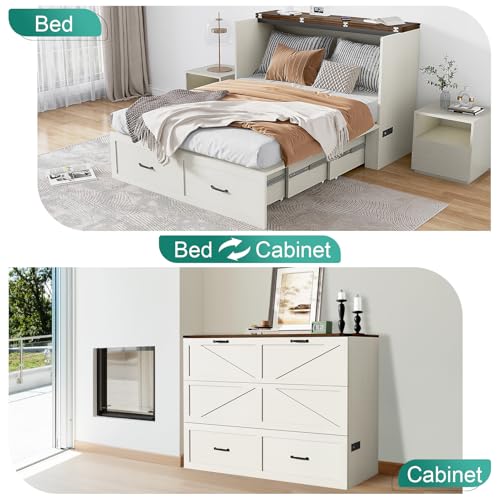 Full Size Murphy Chest Bed with Drawer and Charging Station, Farmhouse Wood Space-Saving Hidden Folding Bed Chest