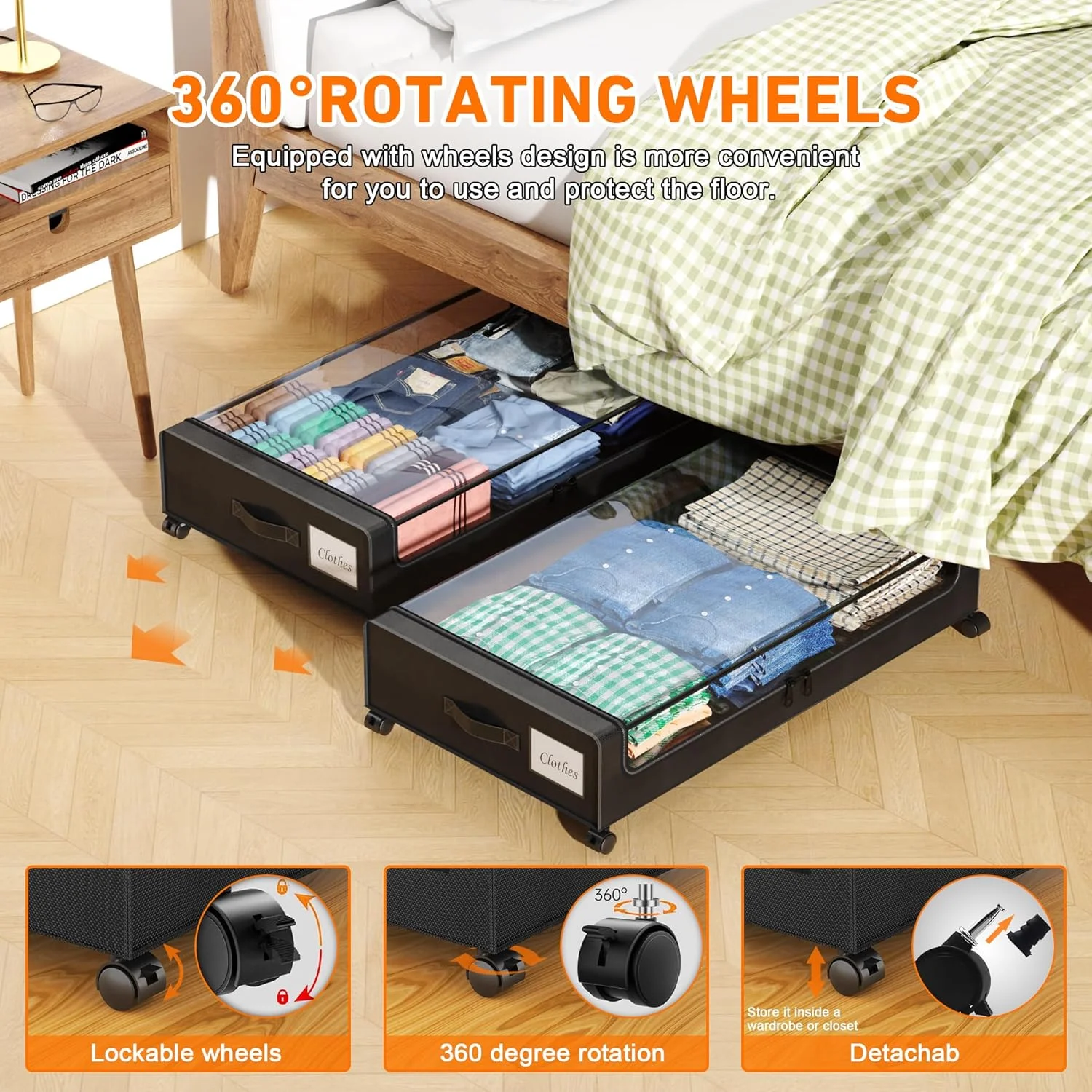 Under Bed Storage with Wheels, 2-Pack Under Bed Storage Containers with Clear Lids, XXL 60L Under the bed storage Organizer Bins