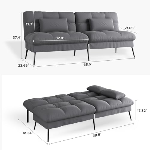 COMHOMA Convertible Futon Sofa Bed, 68″Fabric Futon Couch with Adjustable Backrest, Folding Futon Sleeper Recliner for Living Room Furniture (Black)
