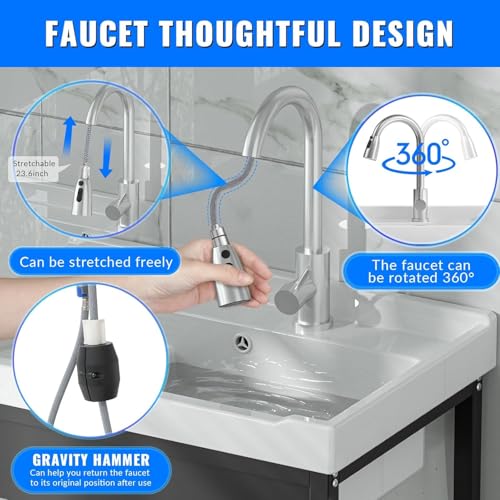 Stainless Steel Utility Sink, 36.6" × 24.2" × 36.6"Freestanding Sink with Cold and Hot Water Faucet,Hoses and Drain Kit for Kitchens, Bathrooms