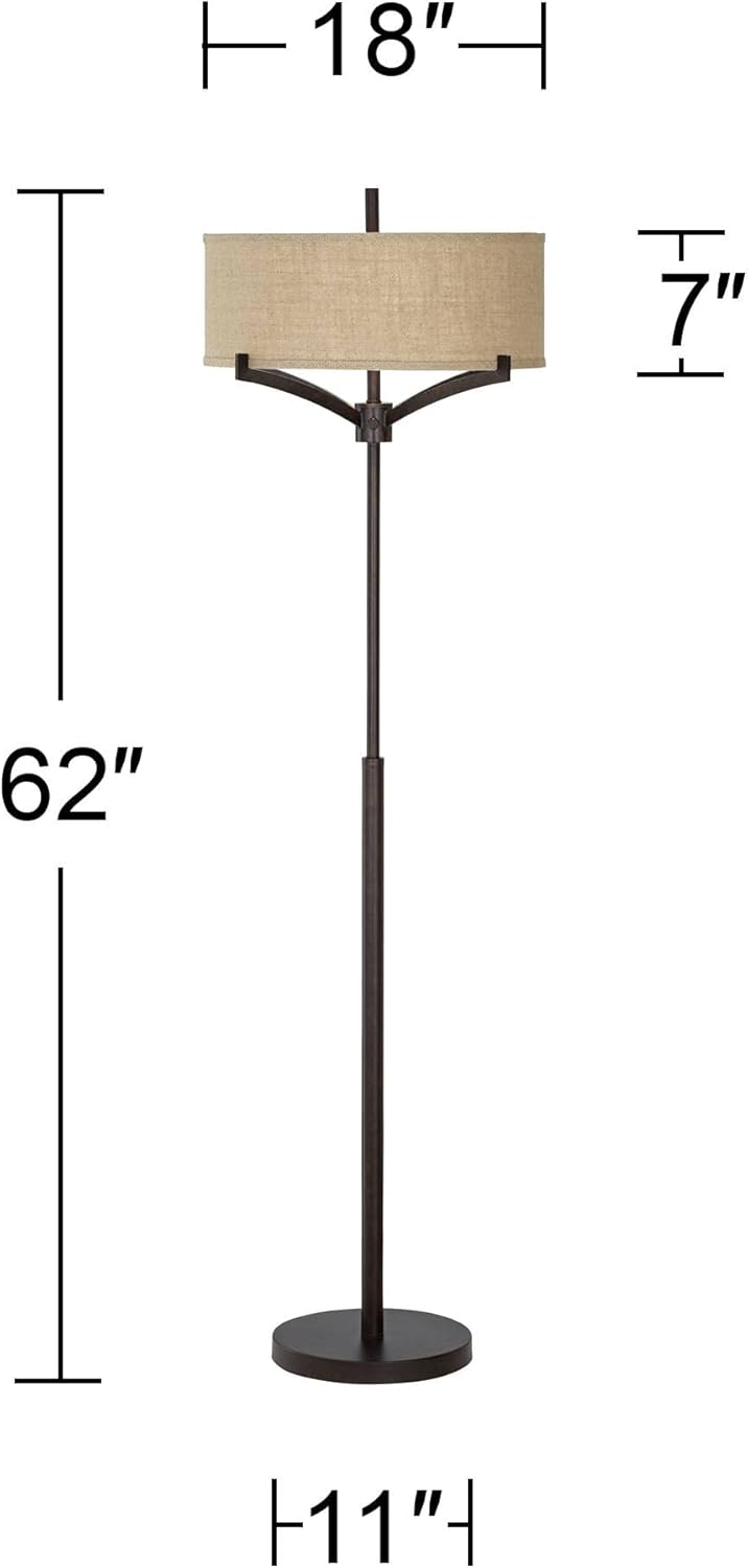 Franklin Iron Works Tremont Modern Mid Century Floor Lamp Standing 62" Tall Deep Bronze Metal Tan Burlap Drum Shade for Living Room Reading Bedroom