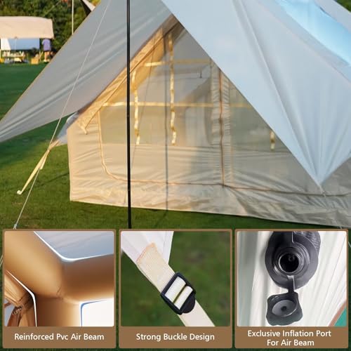 Inflatable Camping Tent with Pump, Upgraded Waterproof Windproof Glamping Blow Up Tent, Easy Setup 4 Season Air Cabin House with Mesh Windows & Door