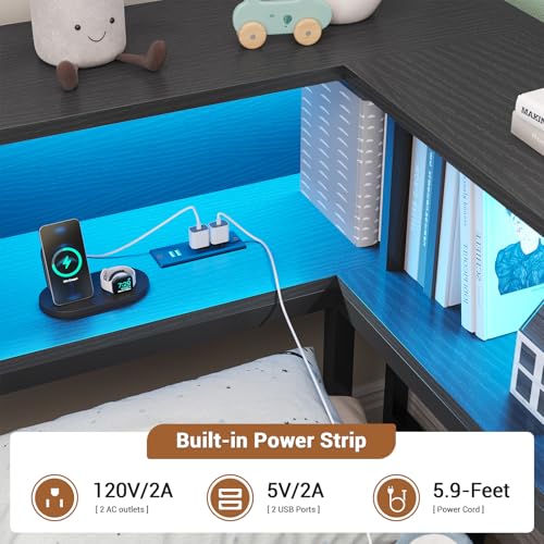 Hasuit Corner Bed Frame with Storage Bookcase, Twin Daybed with Storage Drawers Underneath, Kids Bed Unit with Charging Station and LED Light