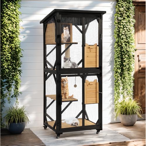 71" H Cat Catio Outdoor Cat Enclosure Window, 4 Tiers Cats Wooden House Cage on Wheels, Large Catios for Cats Indoor Patio with Waterproof Roof