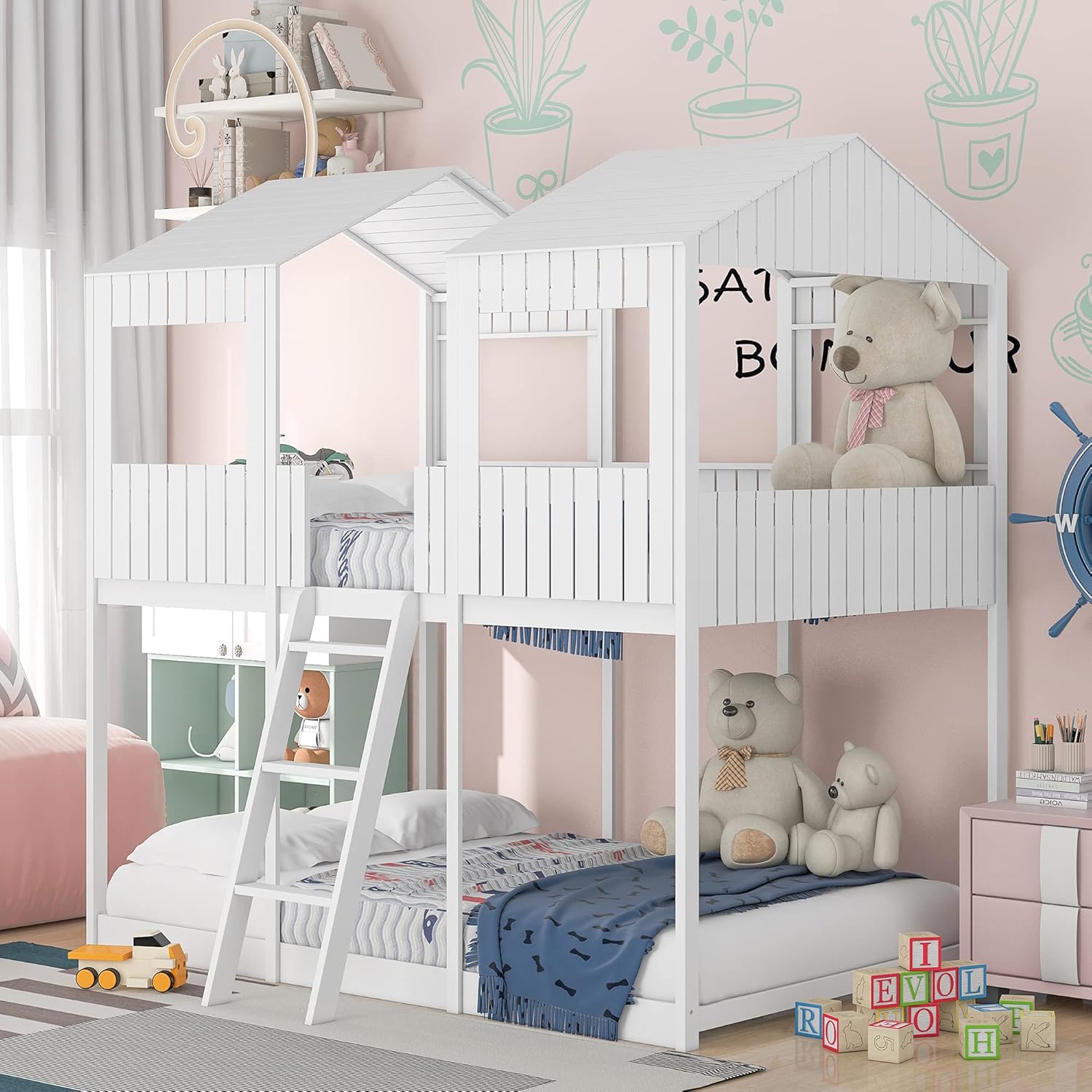 Solid Wood Full Over Full House Bunk Bed with Roof and Ladder, Kids Low Bunkbeds Playhouse with Window & Guard Rail, for Boys Girls Bedroom, White