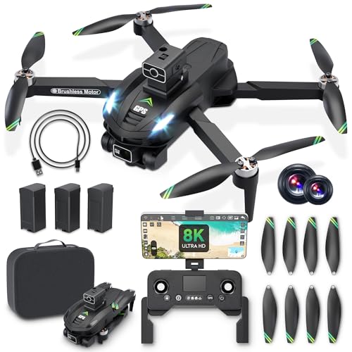 8K Camera Drones for Adults - V168 5G HD Brushless GPS Drone with Camera, 3 Batteries, Auto Return, Follow Me Mode, Obstacle Avoidance