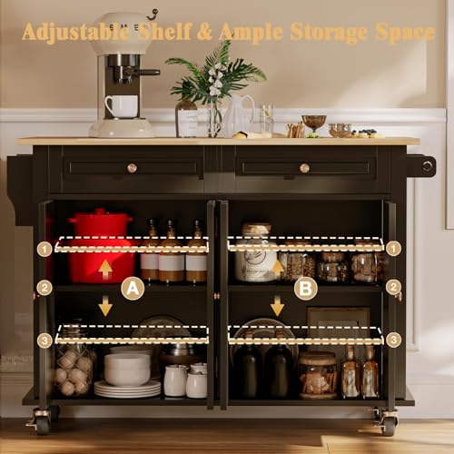 67’’ Movable Kitchen Island with Drop Leaf and Power Outlet, Lockable Sliding Countertop Rolling Island Cart with 2 Large Drawers, Spice, Towel Rack