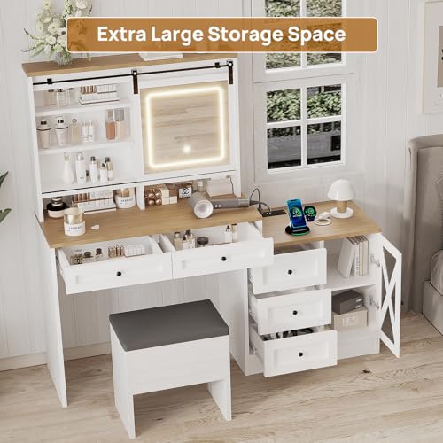 Farmhouse Vanity Desk with Sliding Lighted Mirror & Stool, Vanity Dresser Combo, Large Makeup Vanity with 8 Storage Shelves, 5 Drawers