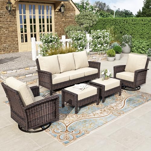 HERA'S HOUSE High Back Patio Furniture Set with Swivel Chairs, Outdoor Wicker Conversation Sets with 5.5" Comfy Cushions, 4 Piece Outside Sofa Sets