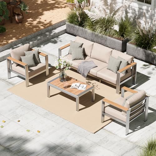 Aluminum Outdoor Patio Furniture Set with Coffee Table, 4 Piece Patio Conversation Sets with Washable Thick Cushions