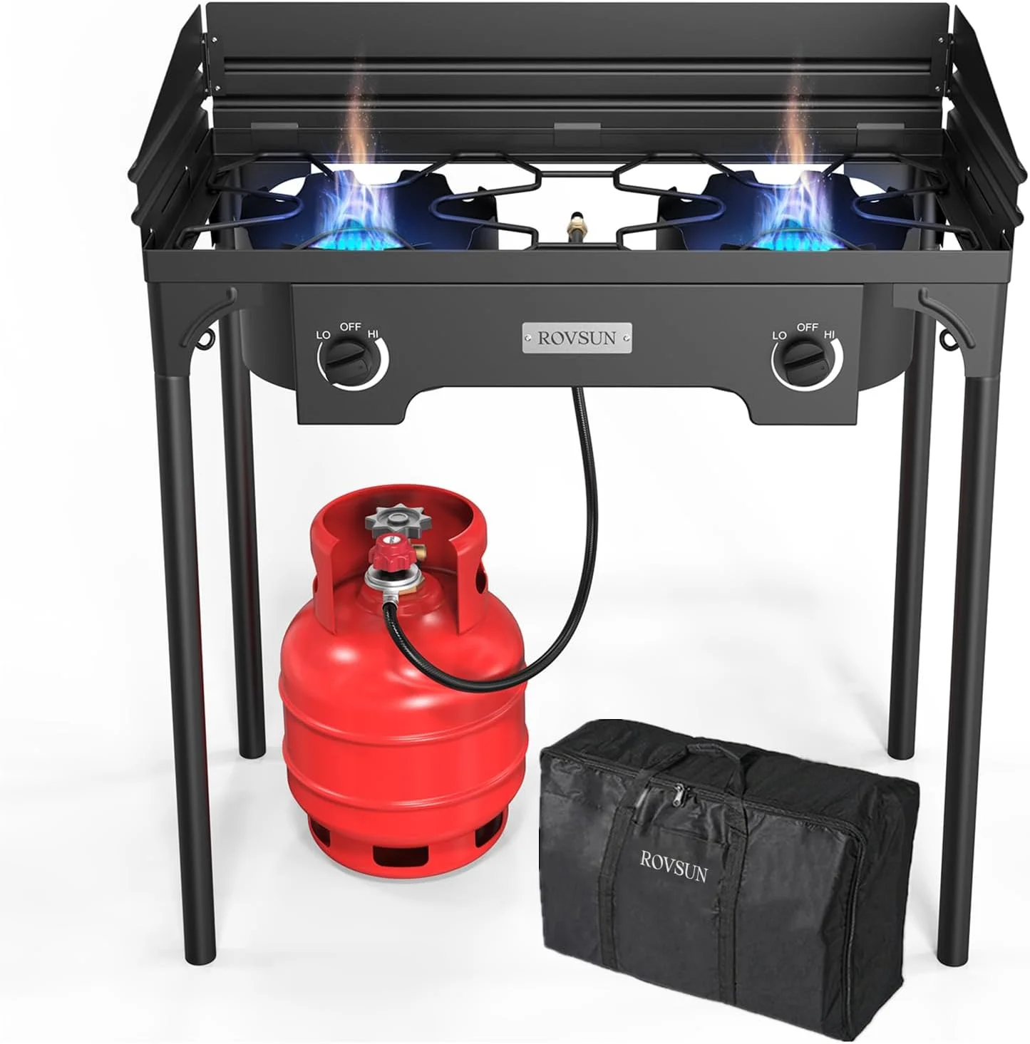 QCAI 2 Burner Outdoor Propane Gas Stove with Windpanel, Carrying Bag & Regulator, 150